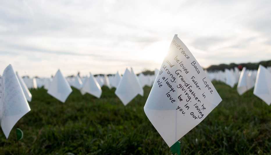 white flags honoring the lives lost to COVID-19