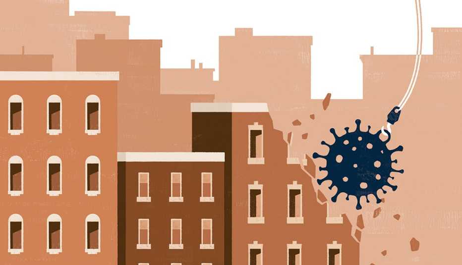 illustration of a wrecking ball in the form of a coronavirus damaging a building