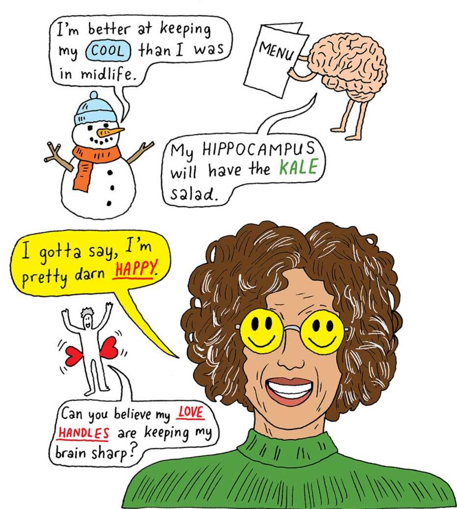 an illustration of a woman showing a woman with smiley face glasses