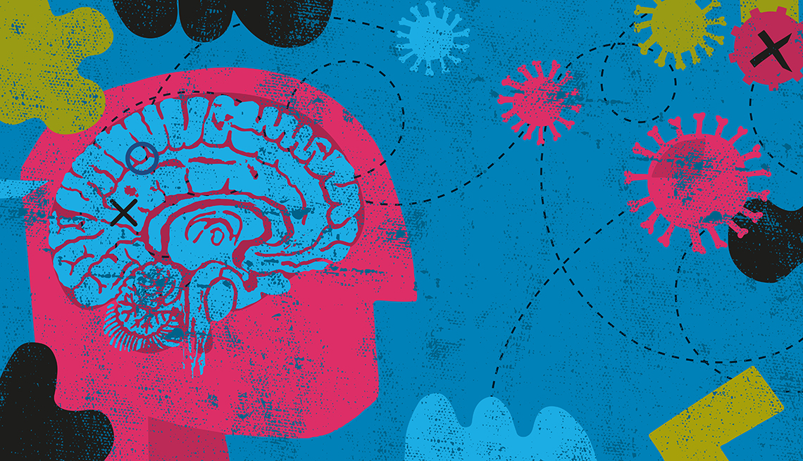 cutout illustration of a persons head showing their brain and covid cells floating outside