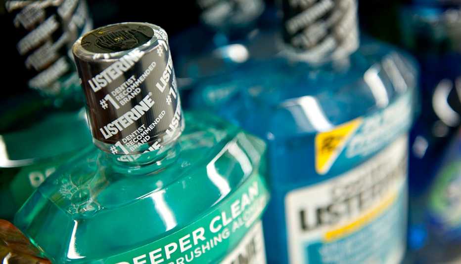 Bottles of mouthwash on store shelf