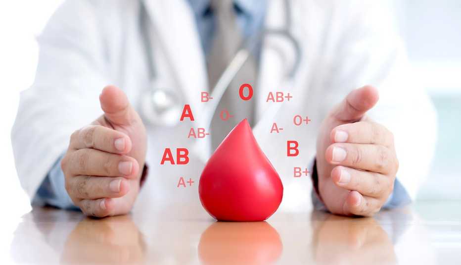 doctor with hands around various blood types