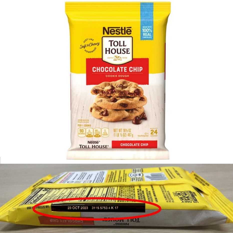 recalled in august twenty twenty three a package of nestle toll house chocolate chip cookie dough in a bar the expiration date is october twenty seventh twenty twenty thee and the serial number is three one one five five seven five three four k seventeen