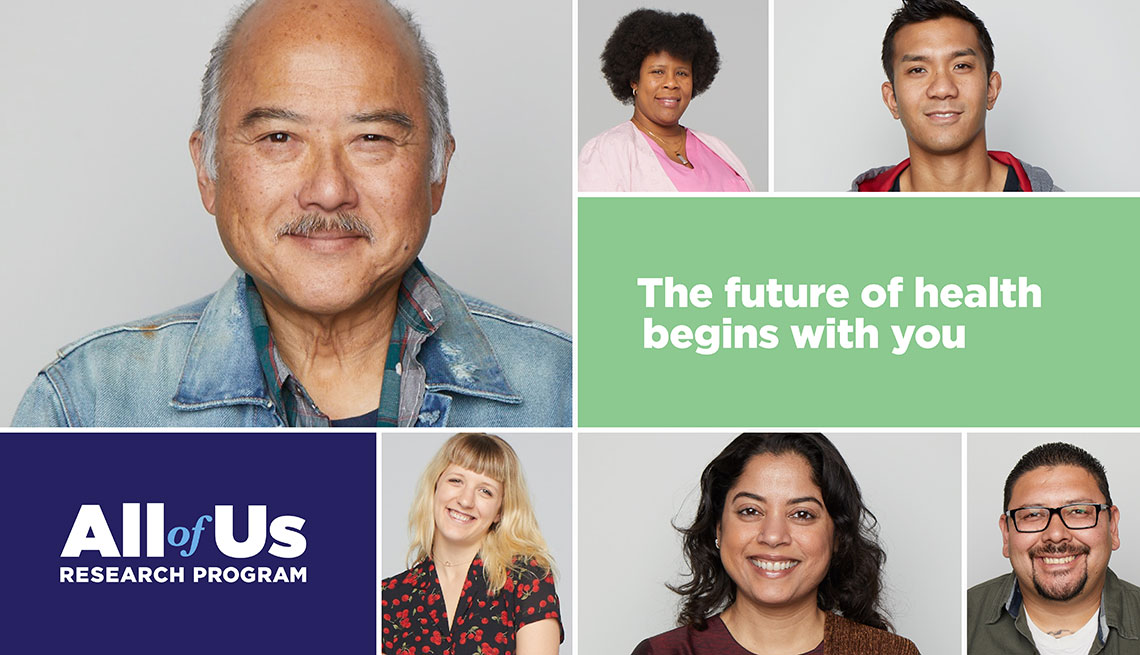 all of us research program,multiple photos of people from diverse ethnicities put together in a collage