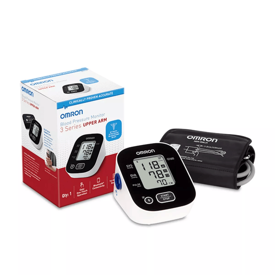 The Omron 3 Series blood pressure monitor next to its packaging