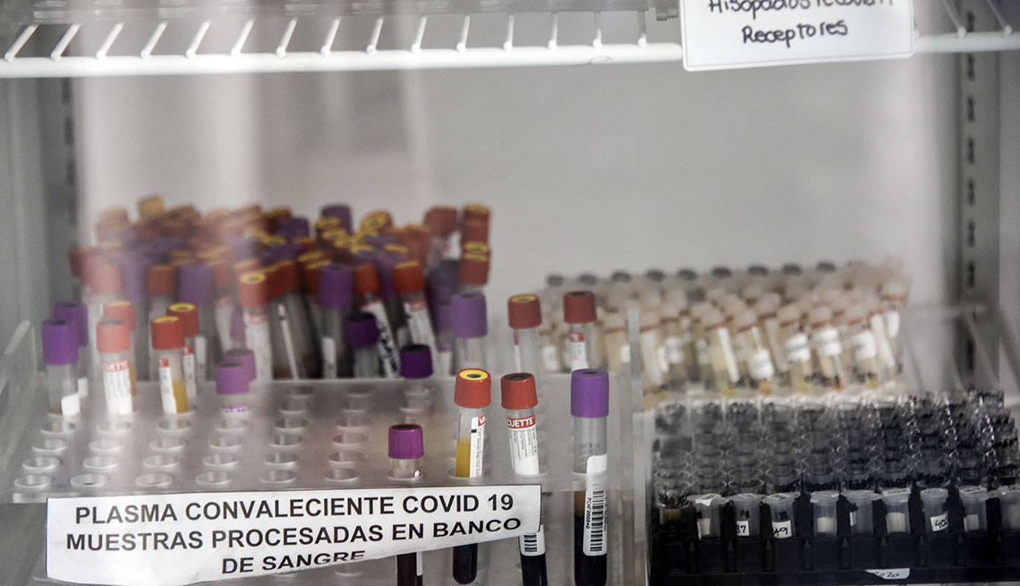 View of stored boxes containing samples of plasma donated by patients who recovered from COVID-19