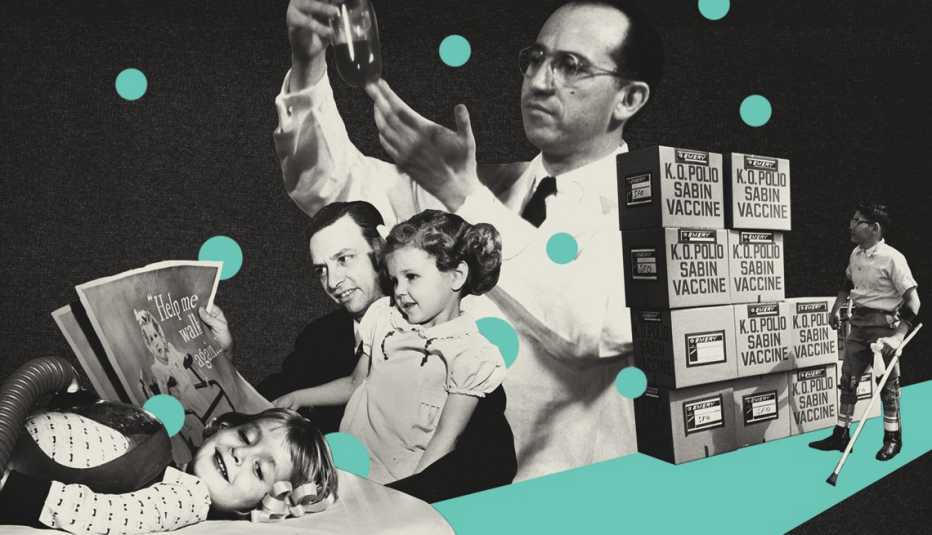 collage of historical images about polio including cases of the vaccine a scientist a bot with leg braces and a child in an iron lung