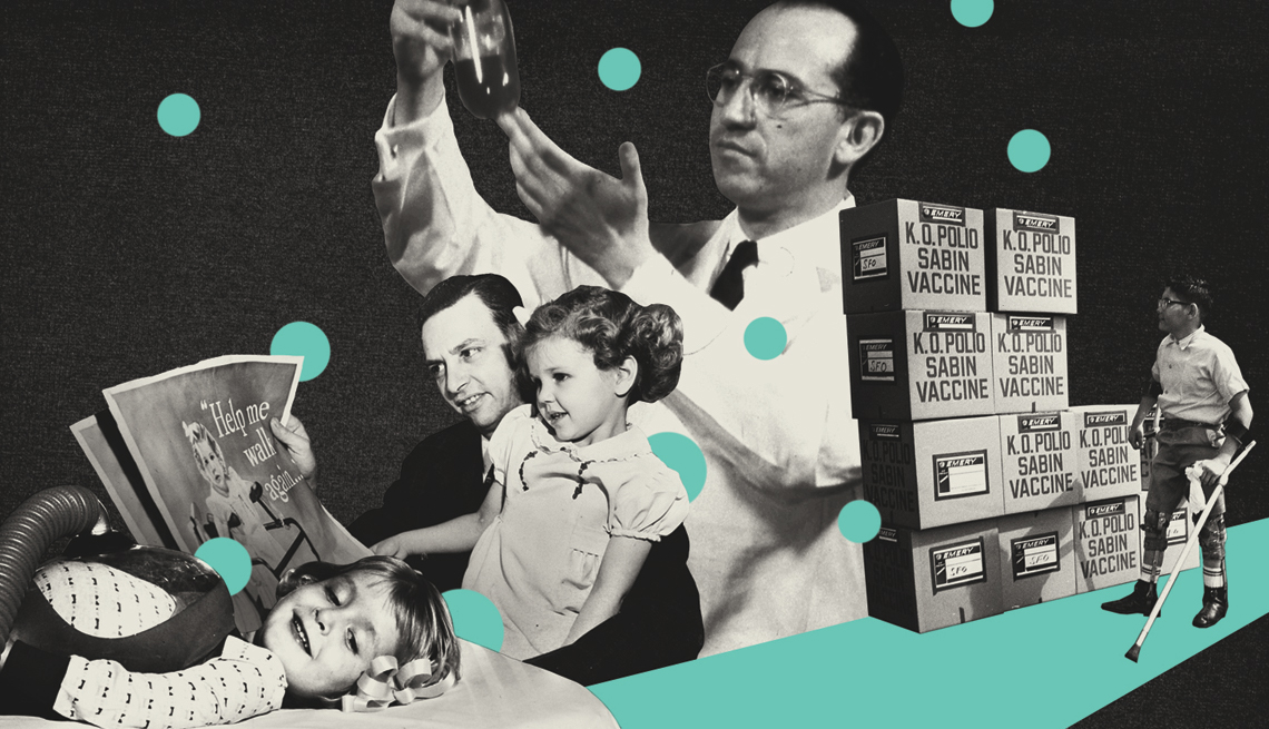 collage of historical images about polio including cases of the vaccine a scientist a bot with leg braces and a child in an iron lung