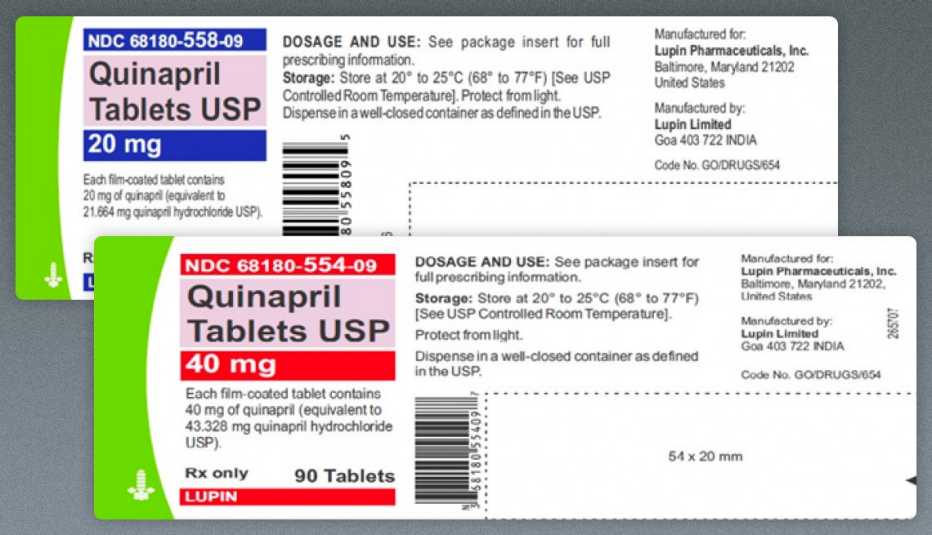 twenty and forty milligram tablet labels for the quinapril recall
