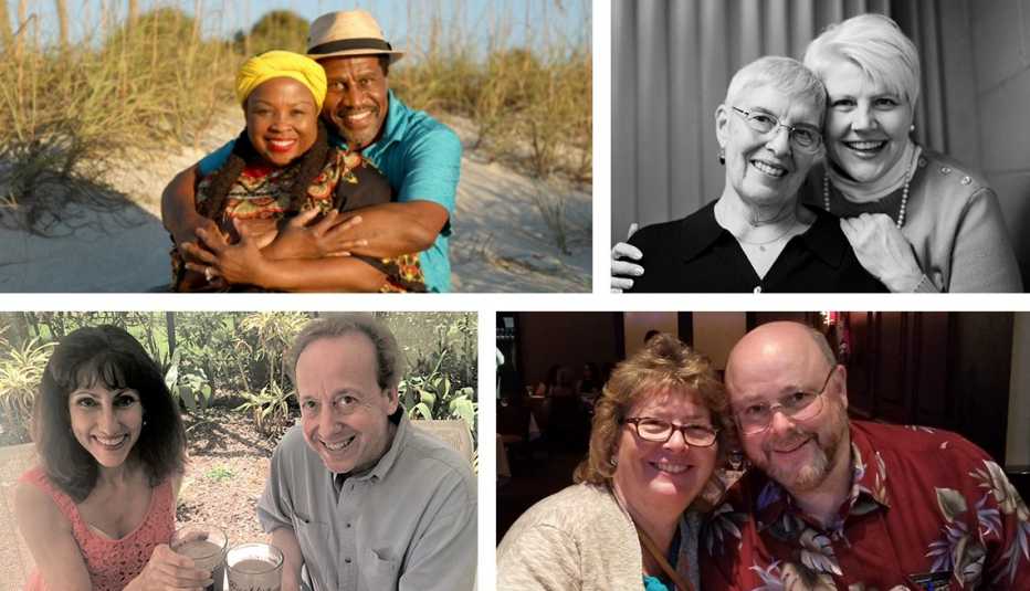 a collage of couples photos from upper left to right boyzell and andrida hosey then bonnie meyer and katharine halpin then bottom liz and mike drayer then jill and layne stangeland