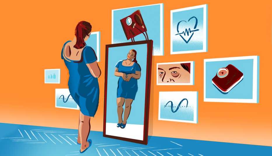 woman looking in the mirror and surrounded by reminders of weight-consciousness including a scale, blood pressure cuff, heart monitor