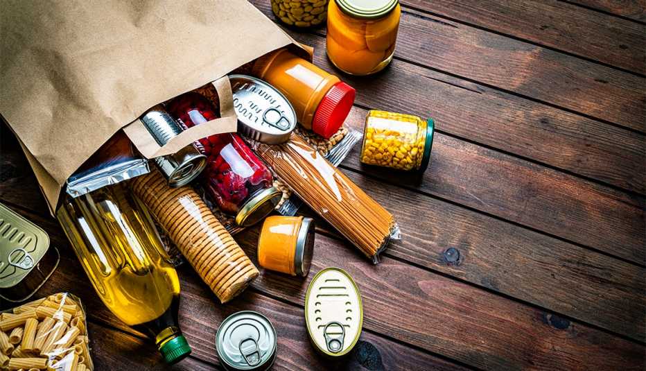 High angle view of a large group of multicolored non-perishable canned goods