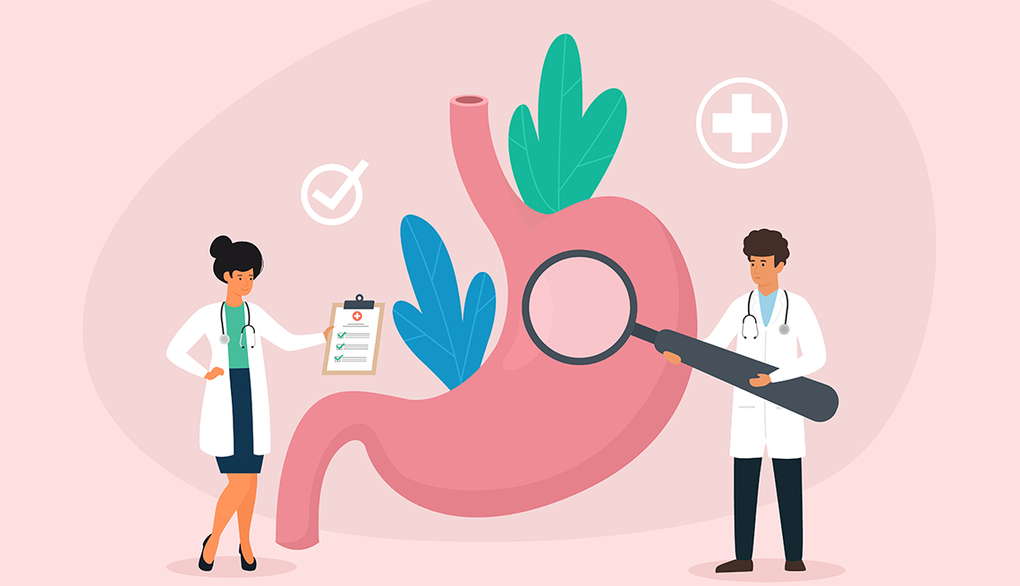 illustration of a female doctor holding a clipboard and a male doctor holding a magnifying glass over a distressed stomach