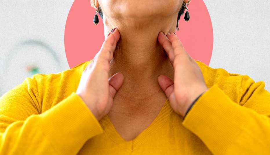 Close up of woman touching the sides of her throat with both hands and a red circle behind it to signify pain or discomfort Close up of woman touching the sides of her throat with both hands and a red circle behind it to signify pain or discomfort