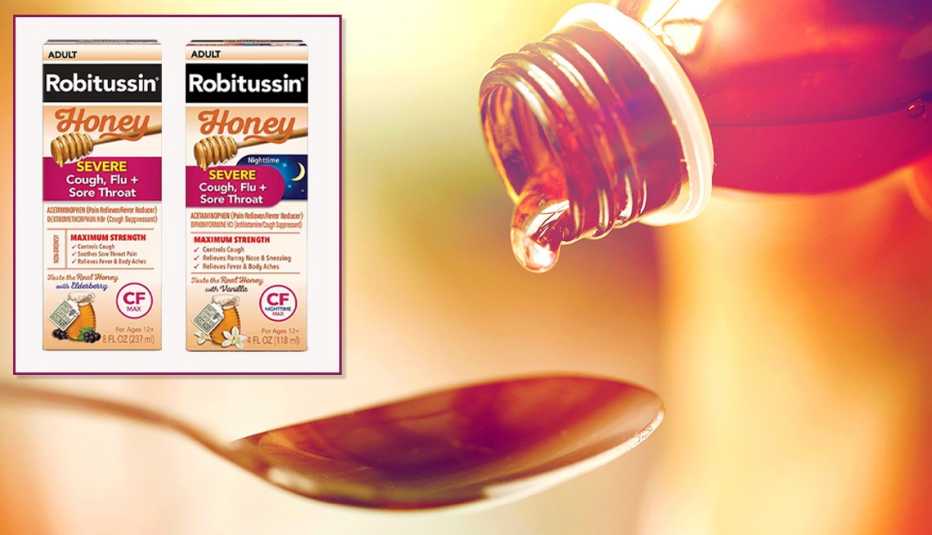 cough syrup bottle pouring medicine into a spoon an inset shows two boxes of robitussin honey severe cough day and night time that have been recalled on january twenty fifth twenty twenty four