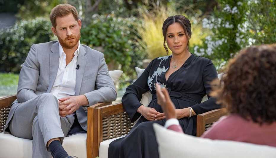 Oprah Winfrey interviews Prince Harry and Meghan Markle on A CBS Primetime Special premiering on CBS on March 7, 2021. (Photo by Harpo Productions/Joe Pugliese via Getty Images)