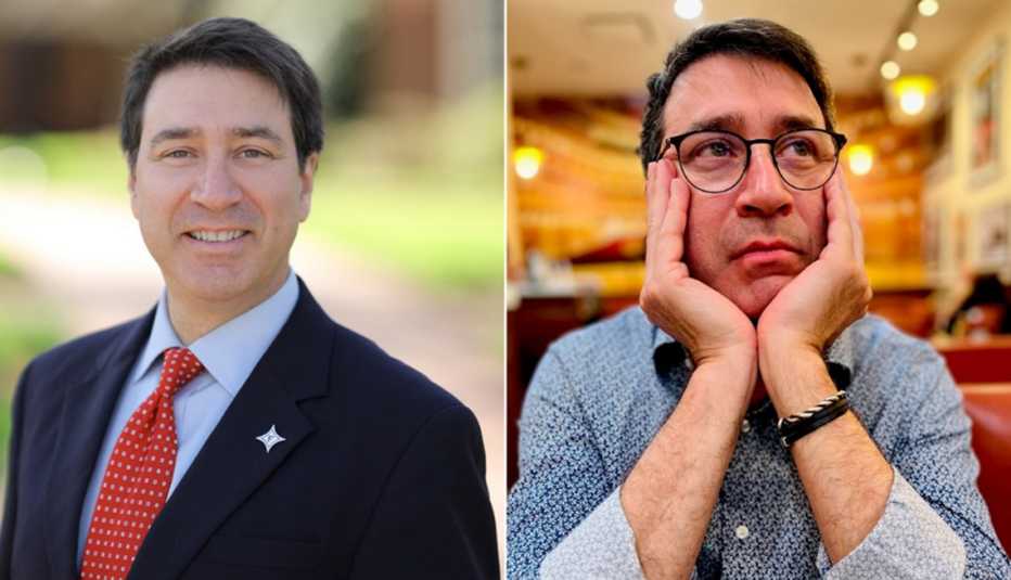 Side-by-side images of Clinton Colmenares wearing a suit (left) and sitting with his hands on his face (right)