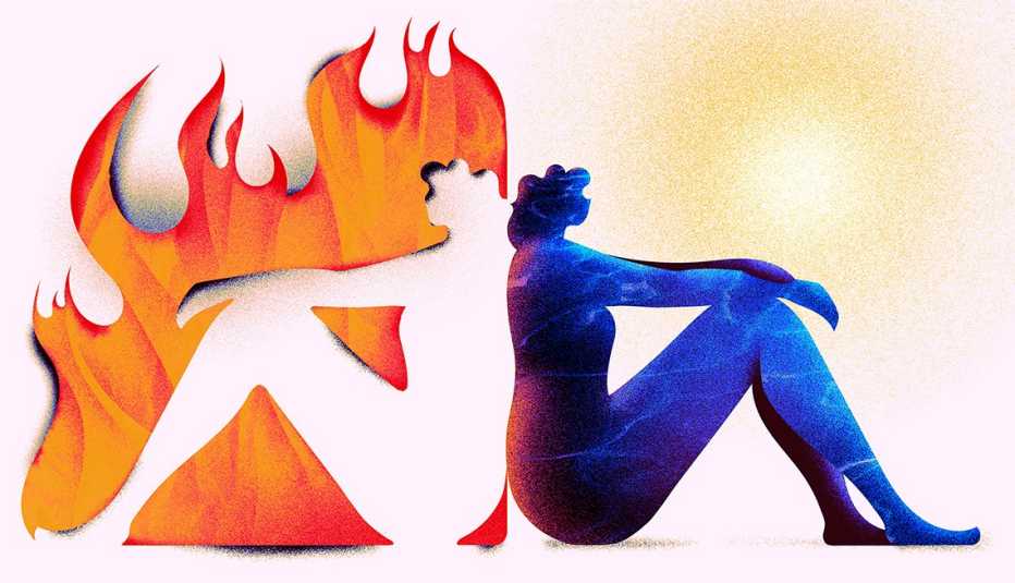 mirror image of a woman experiencing bodily inflammation on one side and then cooling sensation on the other side