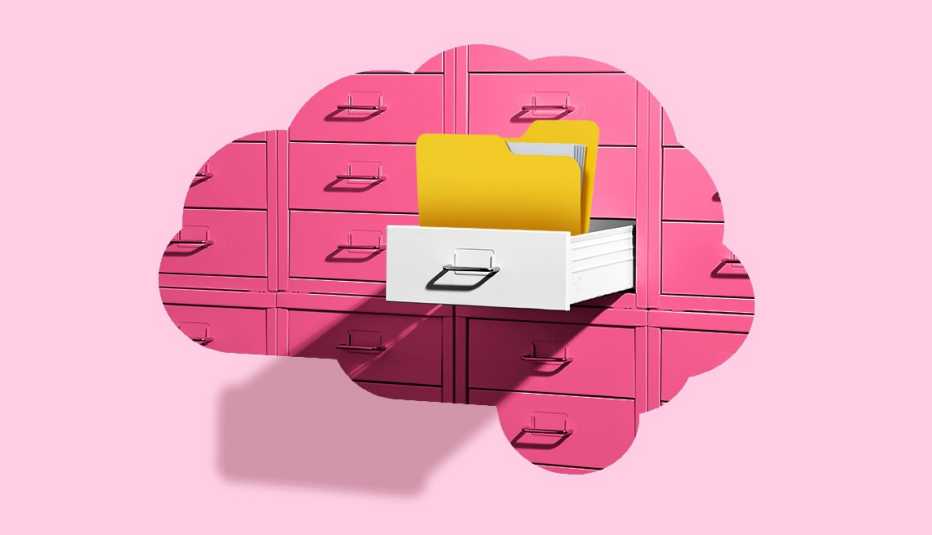 outline of pink brain with filing cabinet drawers in it