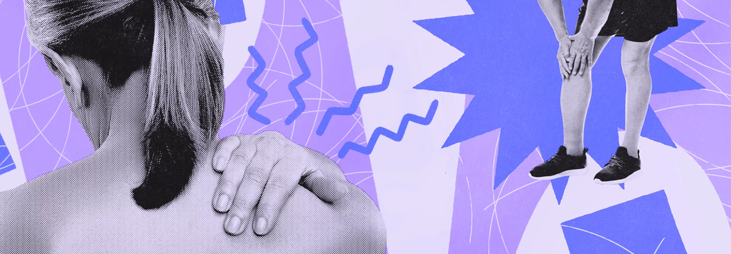 illustration of a woman grabbing her shoulder and knee in pain