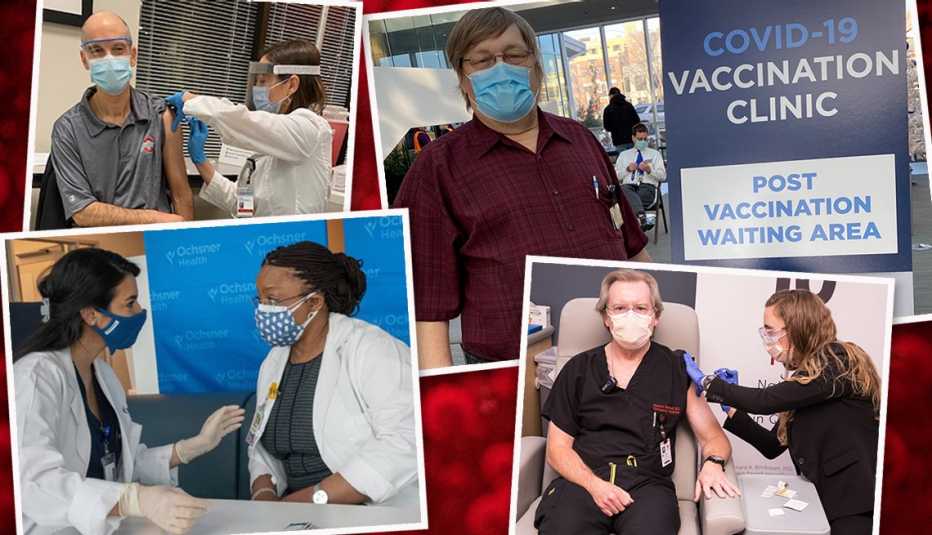 four photos of people receiving covid nineteen vaccinations clockwise from top left are james allen o s u les mckinney stephen hartsell and doctor luti kashimawo
