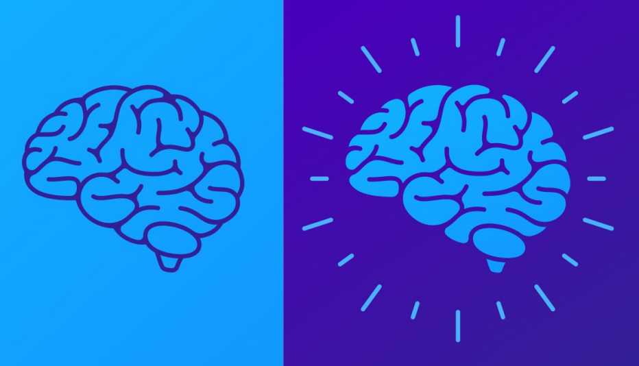 illustration of two brains from a lateral view on a light blue and dark blue background 