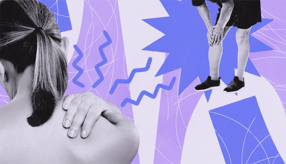 illustration of a woman grabbing her shoulder and knee in pain