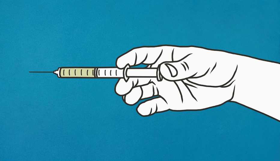 illustration of a hand holding a syringe on a dark blue background