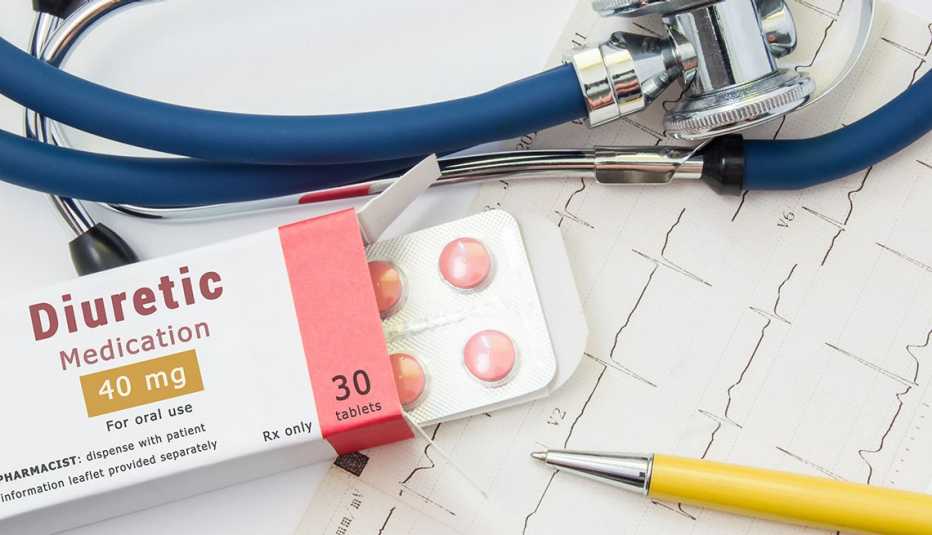 pack of pills with inscription "Diuretic Medication" for treatment of cardiovascular diseases near EKG