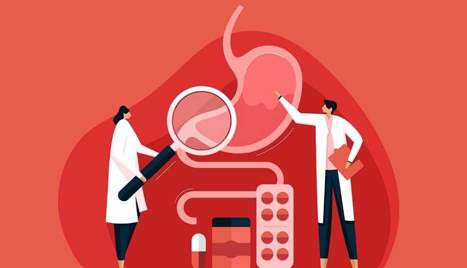 illustration of two GI doctors looking at a stomach being given heartburn medications under a magnifying glass on a red background illustration of two GI doctors looking at a stomach being given heartburn medications such as PPIs under a magnifying glass on a red background