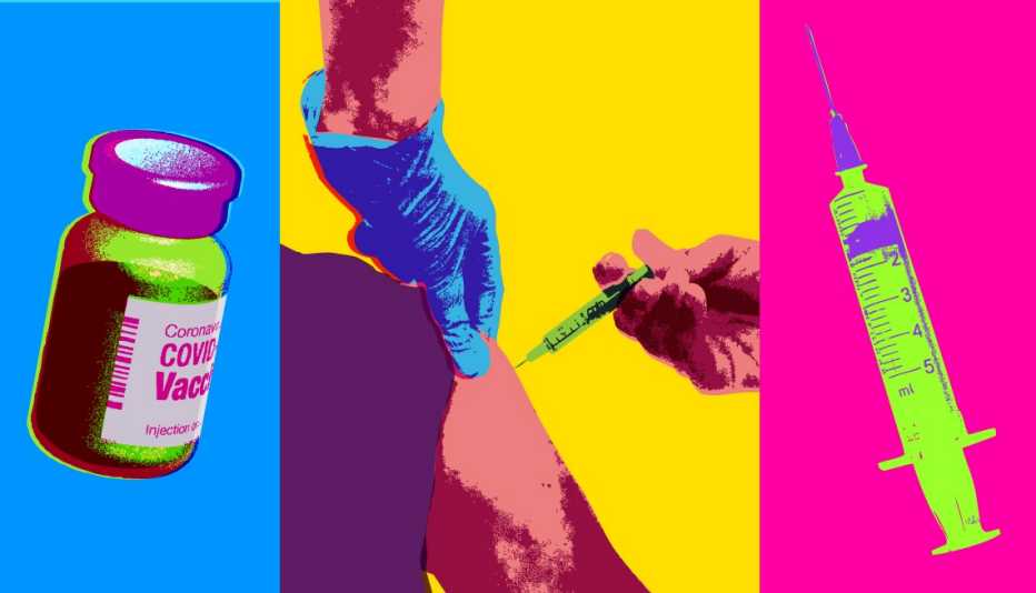 stylized trio of covid vaccine related images. a vaccine vial, needle, and an arm being given shot by a gloved pair of hands