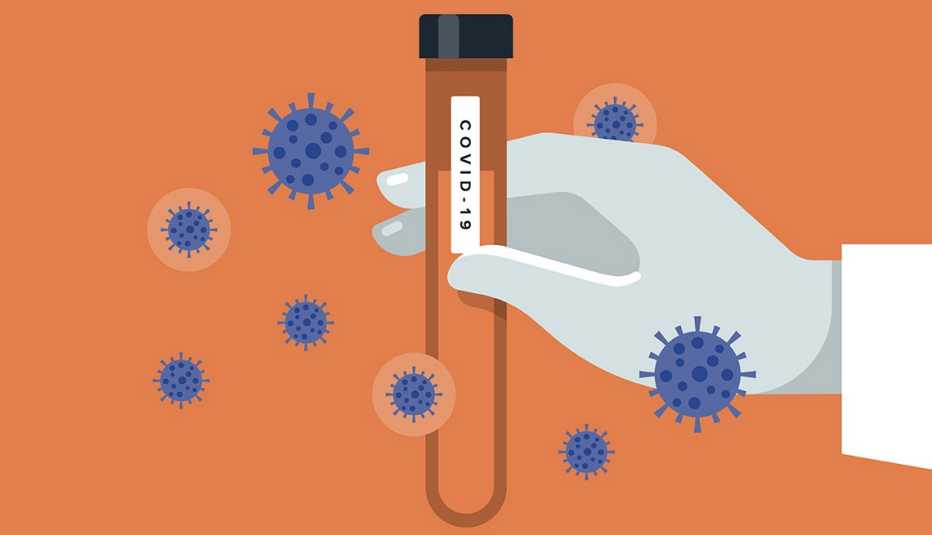 illustration of a gloved hand holding a test tube of COVID-19