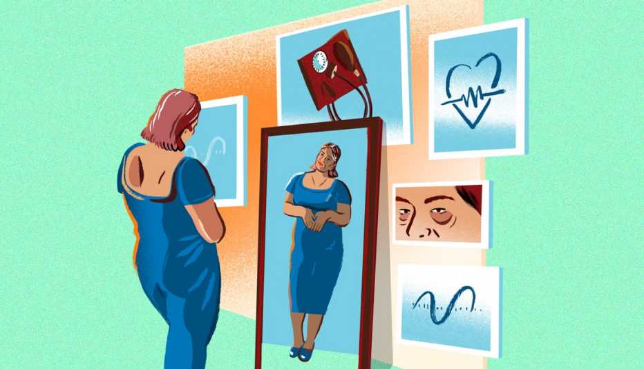 woman in her 60s looks in full length mirror