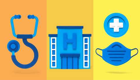 a stethoscope a hospital and a surgeon mask to show providers