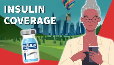 illustration of woman on her phone and insulin coverage illustration of woman on her phone and insulin coverage