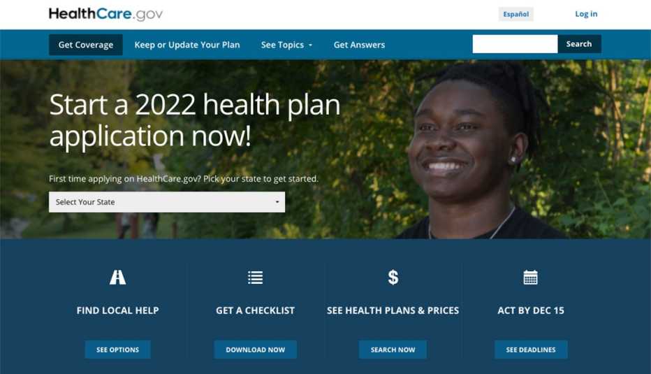 screen shot of the healthcare dot org website page to apply for health care through the a c a