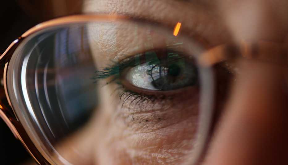 close up of eye through eye glasses