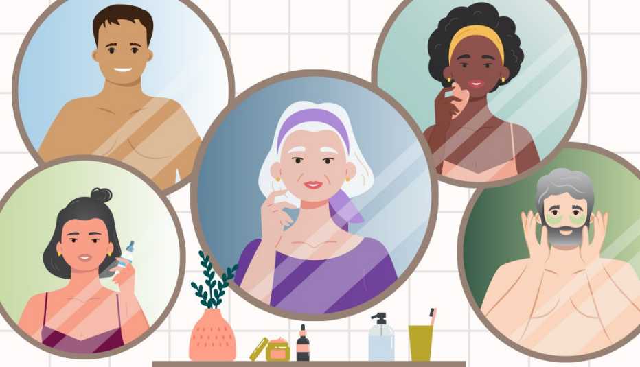five different diverse people looking at their skin in their bathroom mirrors all collaged together five different diverse people looking at their skin in their bathroom mirrors all collaged together