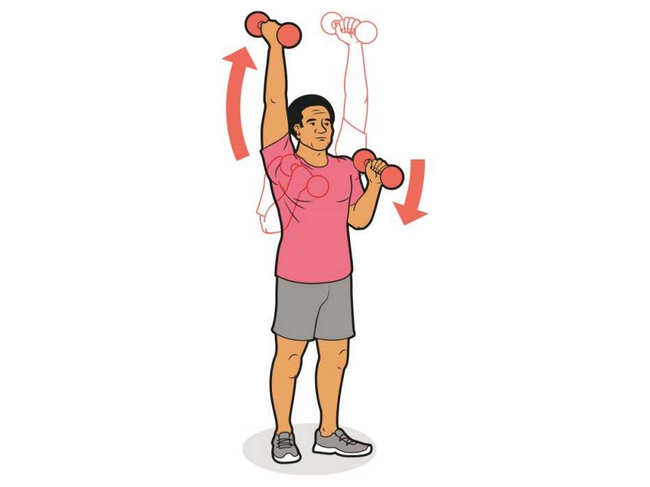 a man doing standing alternating shoulder presses with dumbbells