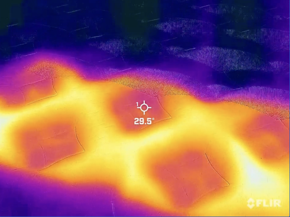 Infrared image of mattress heating up with Celsius 29.5 degrees in the center
