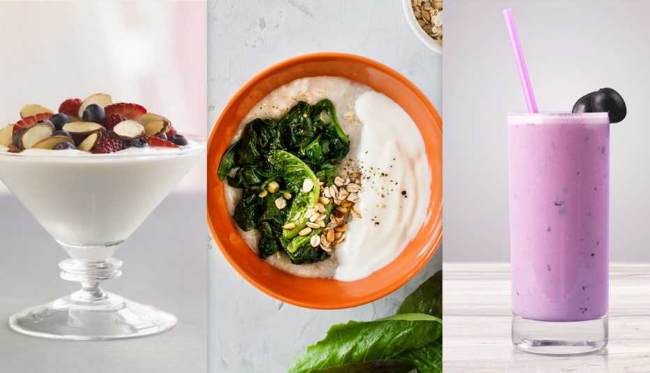 Images of a yogurt parfait containing berries and almonds, a cup of oatmeal mixed with yogurt and vegetables and a smoothie Images of a yogurt parfait containing berries and almonds, a cup of oatmeal mixed with yogurt and vegetables and a smoothie