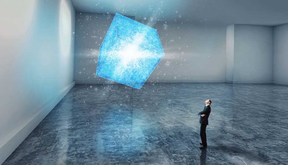 AARP, Blue Cube, Man Watching, Empty Room