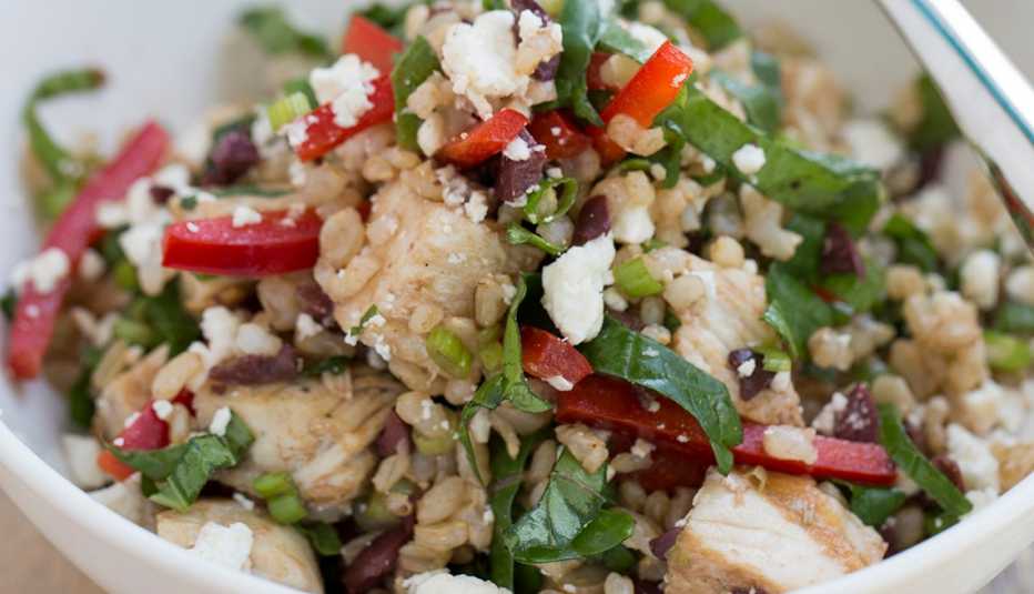 closeup of mediterranean hot and. cold brown rice salad