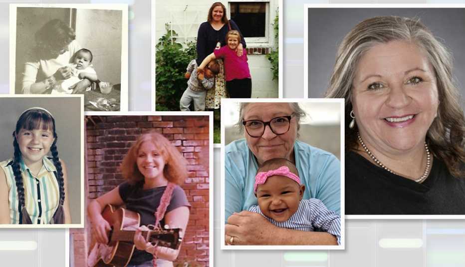 collage of different photos of sandy hingstron throughout her life until her current age
