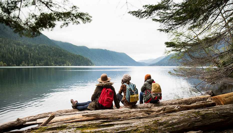 three girls sitting on a log overlooking lake