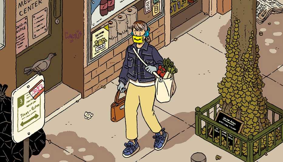 cartoon of a woman carrying groceries on a city street wearing a covid face mask with a smile printed on the front