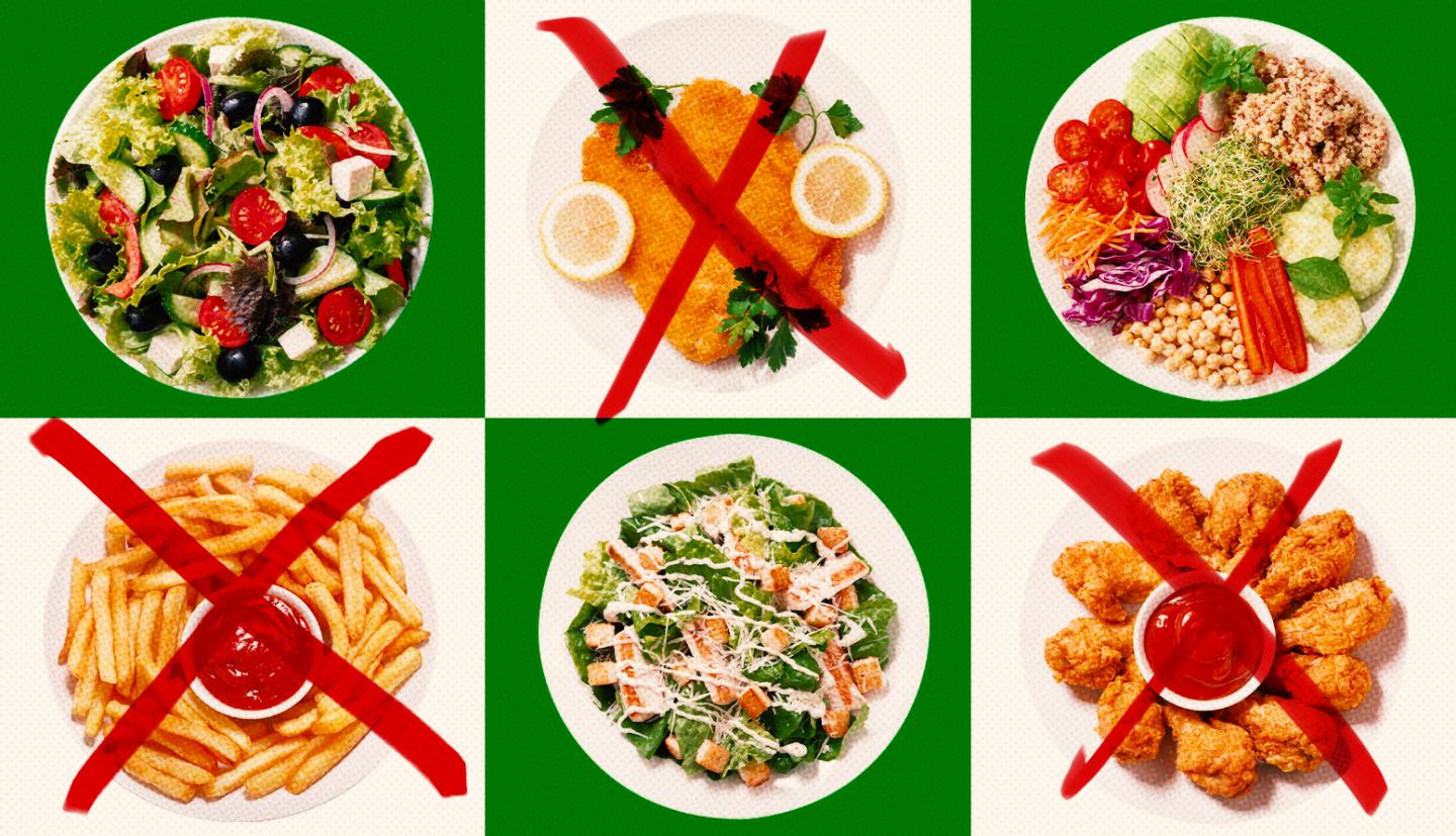 six plates of food there are three that have red ex marks on top of them those are french fries breaded fried fish and fried chicken drumsticks
