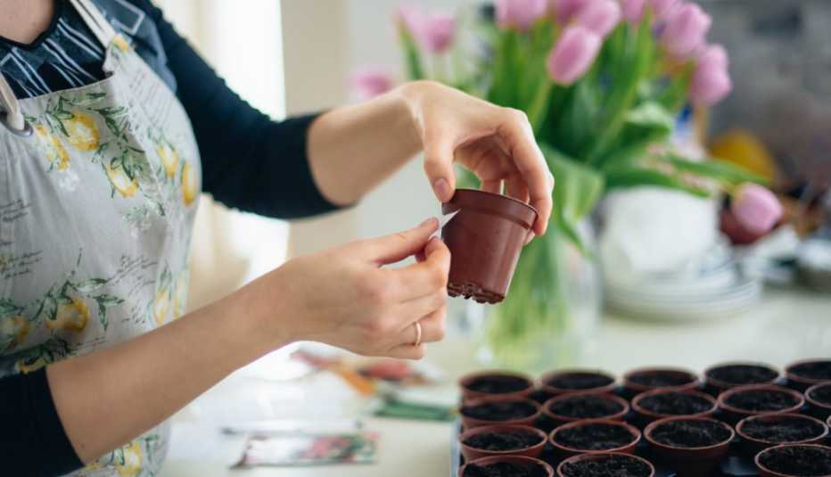 close up of a woman in an apron planting seeds indoors