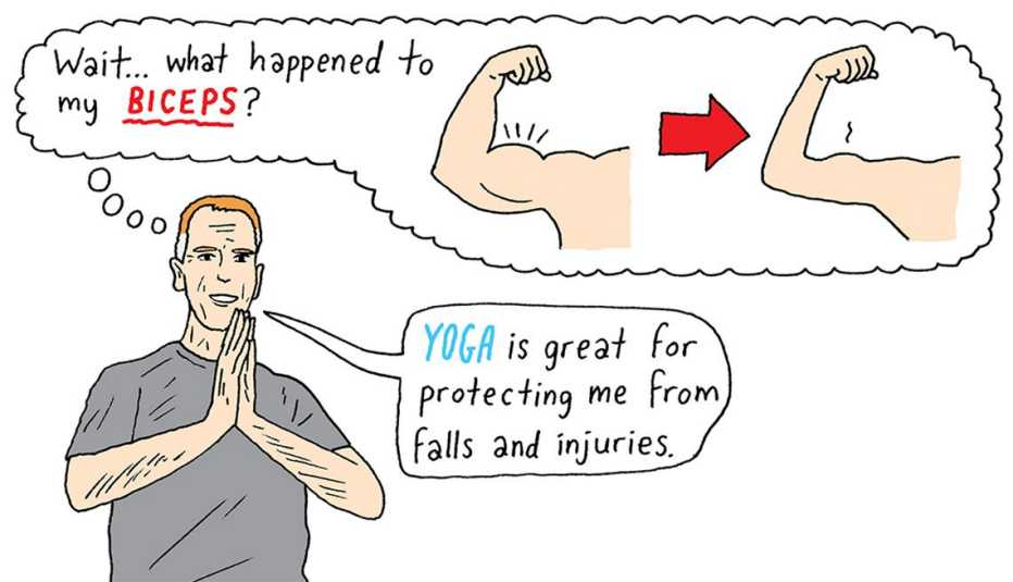 an illustration of a man thinking about yoga 