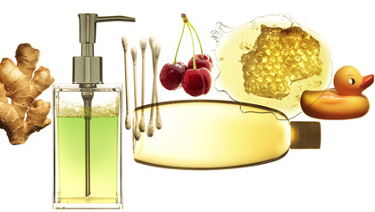 Arrangement of ginger, Q tips, liquid hand soap, cherries, honey and baby shampoo. Home remedies. Arrangement of ginger, Q tips, liquid hand soap, cherries, honey and baby shampoo. Home remedies.